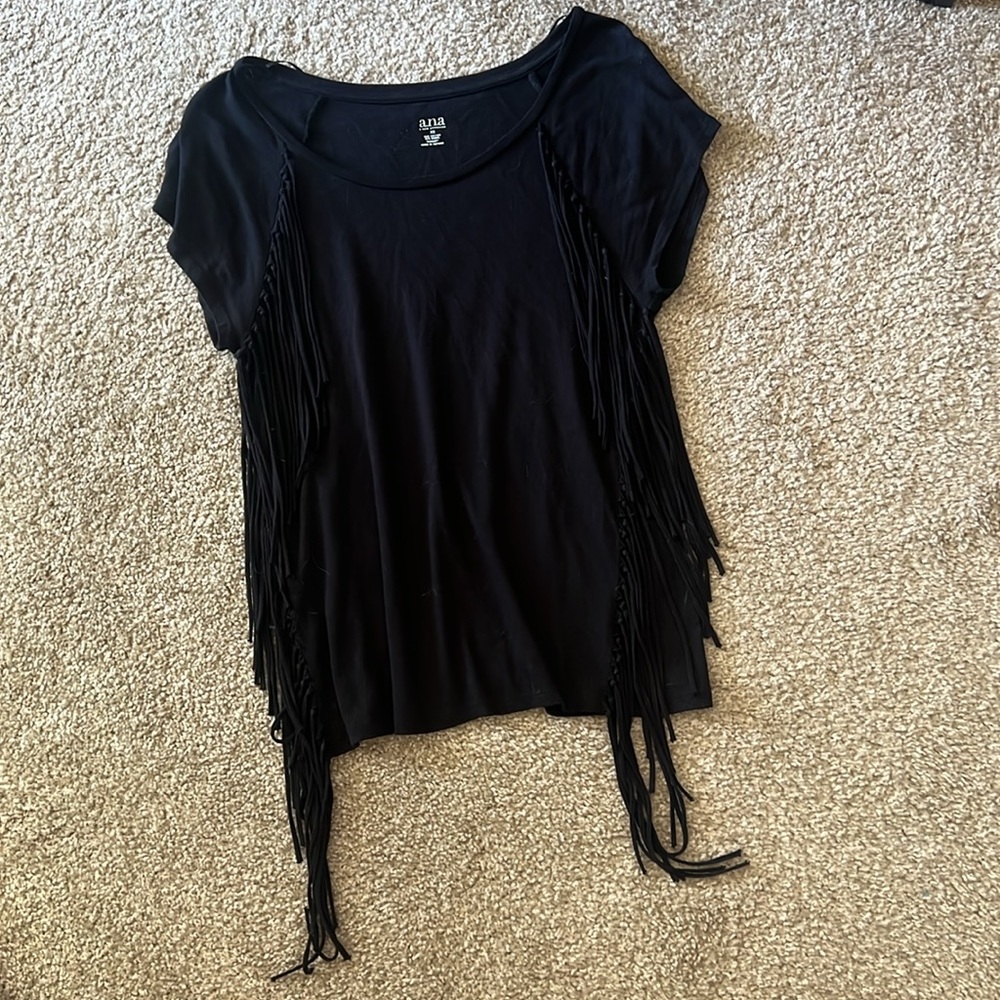 Ana brand black side fringe black t shirt size xs